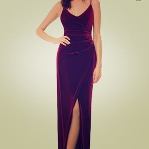 Betsy & Adam velvet Column Burgundy Gown